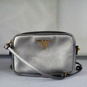 Prada Metallic Silver Saffiano Leather Crossbody Purse